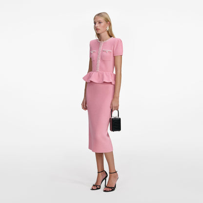 Pembe Peplum Örgü Midi Elbise