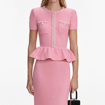 Pembe Peplum Örgü Midi Elbise