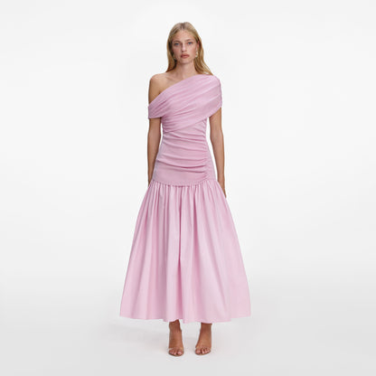 Pembe Pamuklu Drapeli Örme Midi Elbise