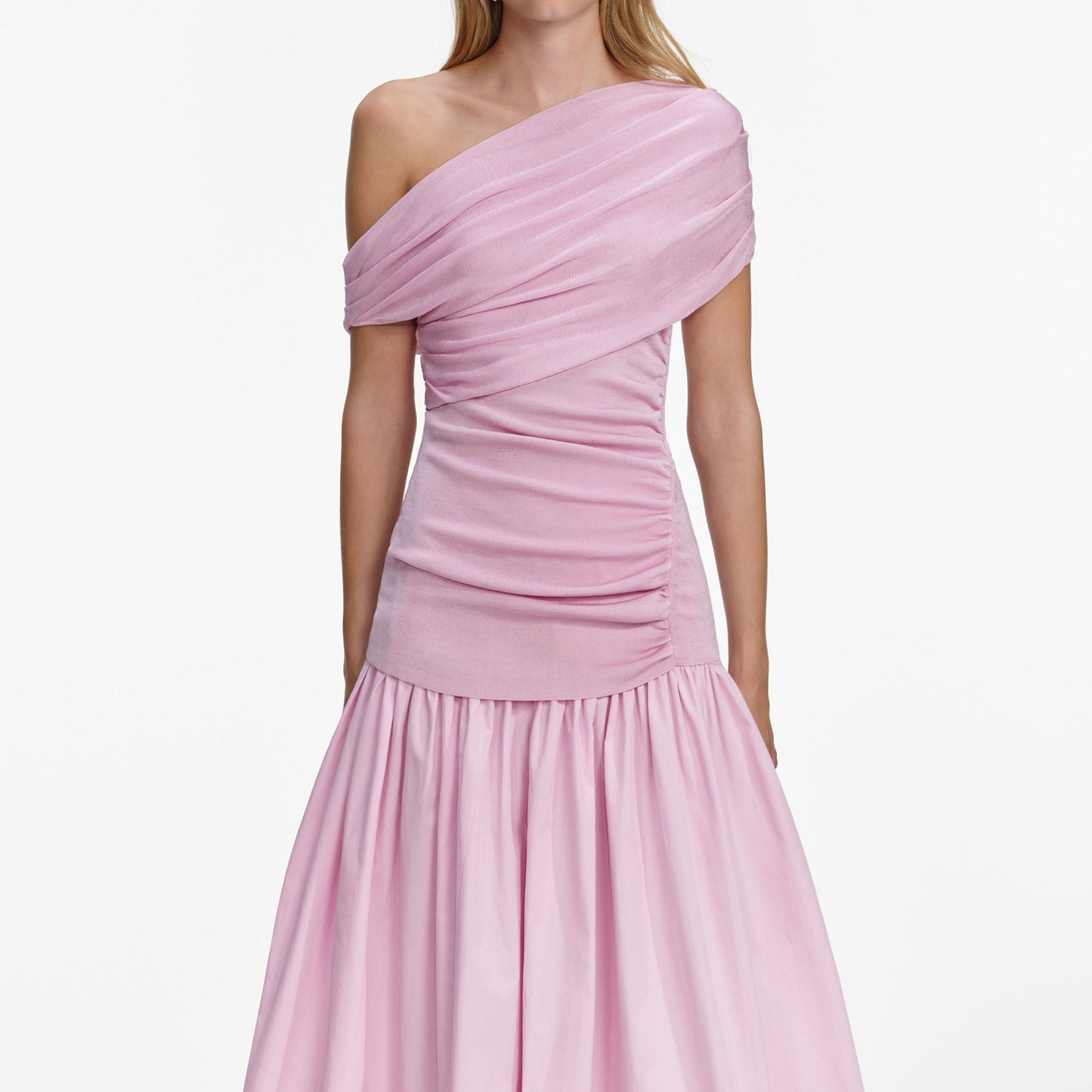 Pembe Pamuklu Drapeli Örme Midi Elbise