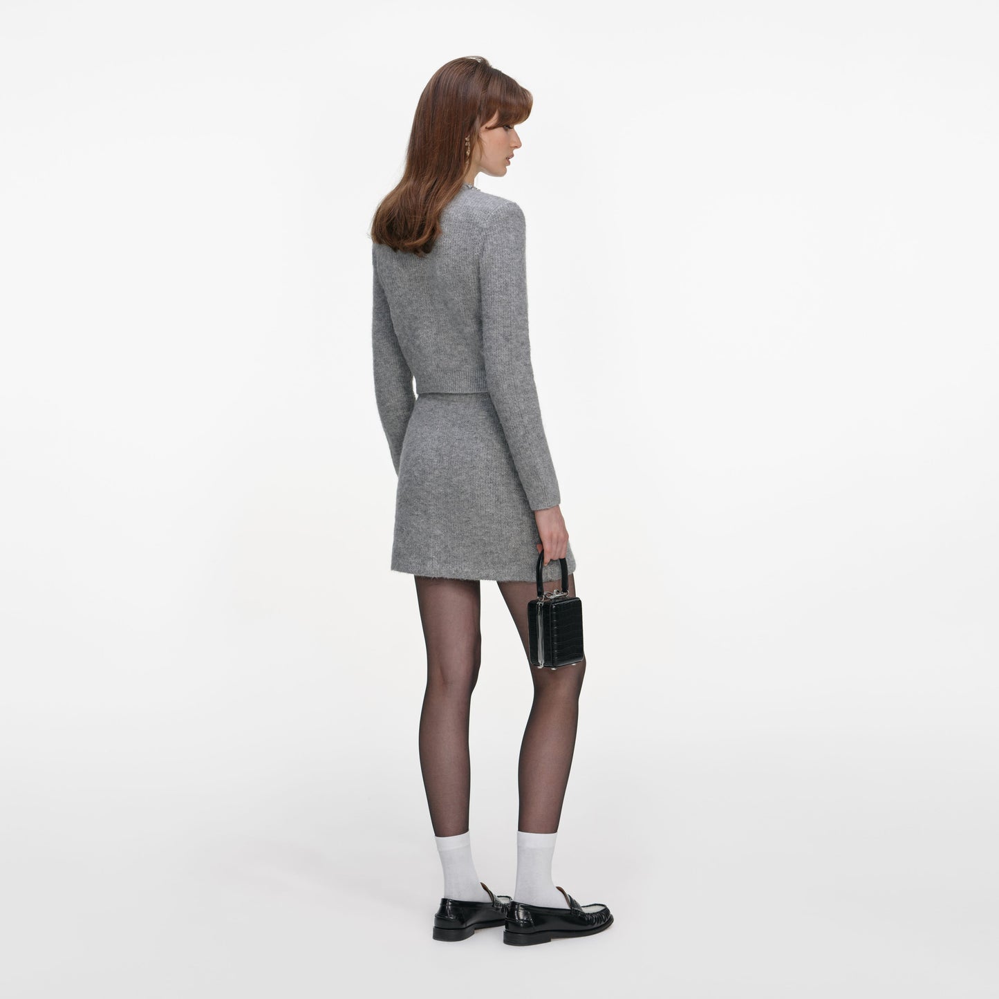 Gri Kabarık Örme Mini Etek