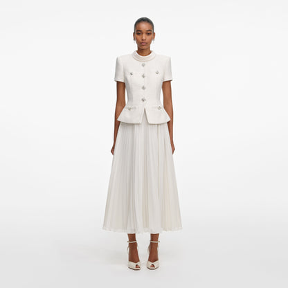 Krem Buklet Yaka Midi Elbise