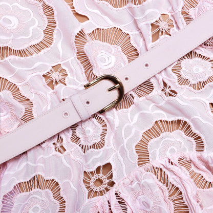 Pembe Çiçekli Dantel Mini Elbise