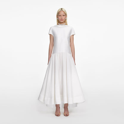 Beyaz Saten Ramie Midi Elbise