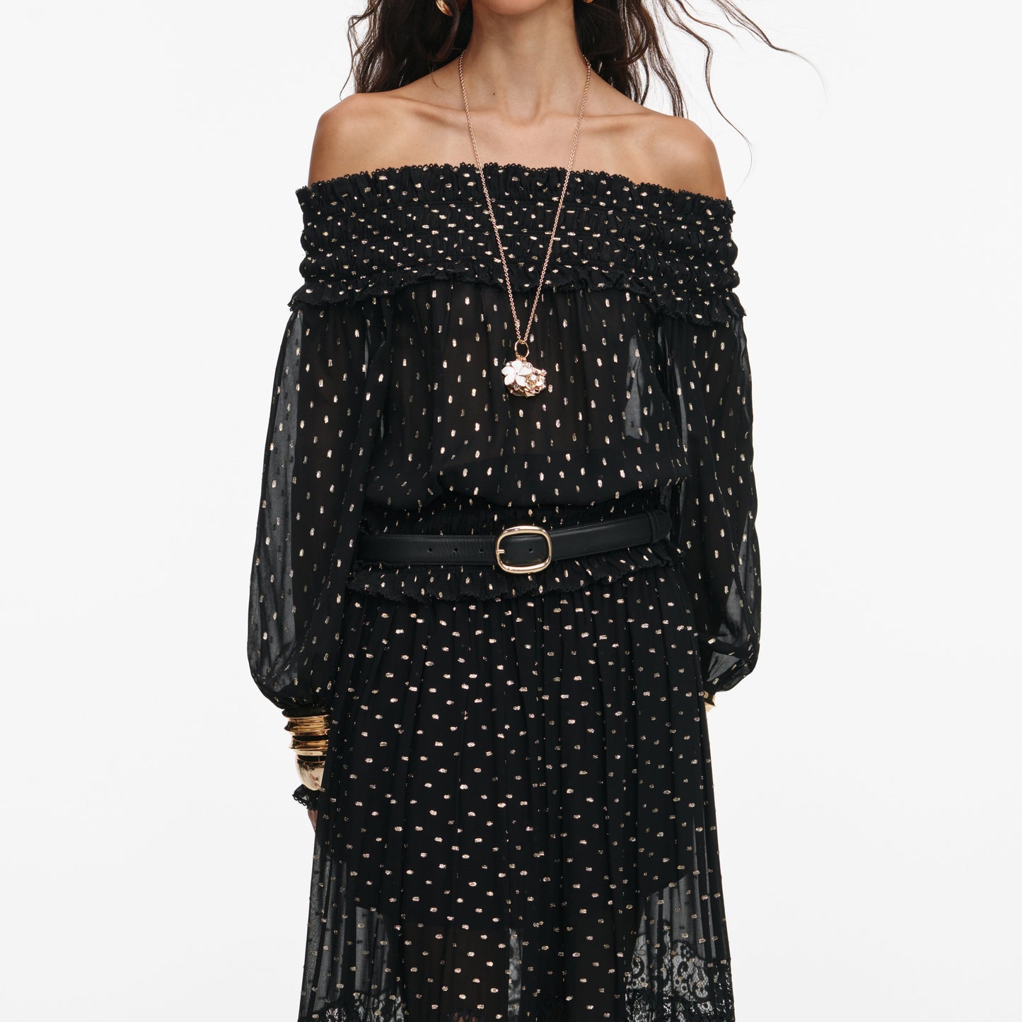 Siyah Ve Altın Şifon Dantel Uzun Etek