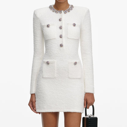 Krem Kristal Kenarlı Örme Mini Elbise