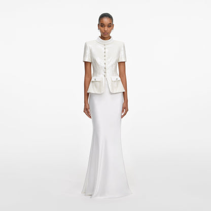 Beyaz Pullu Özel Dikim Uzun Elbise