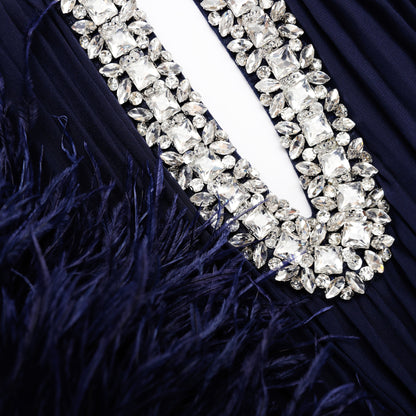 Lacivert Şifon Tüylü Midi Elbise