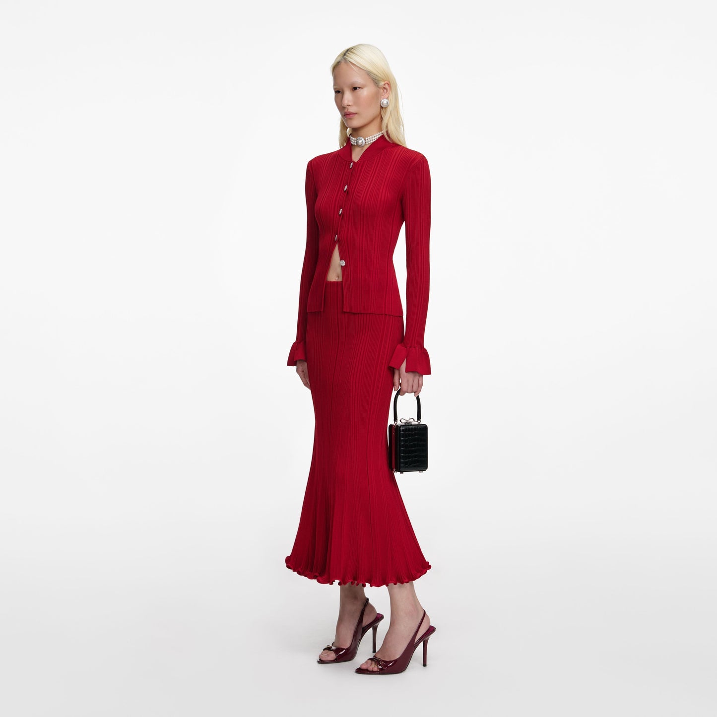 Kırmızı Viskon Örgü Midi Etek