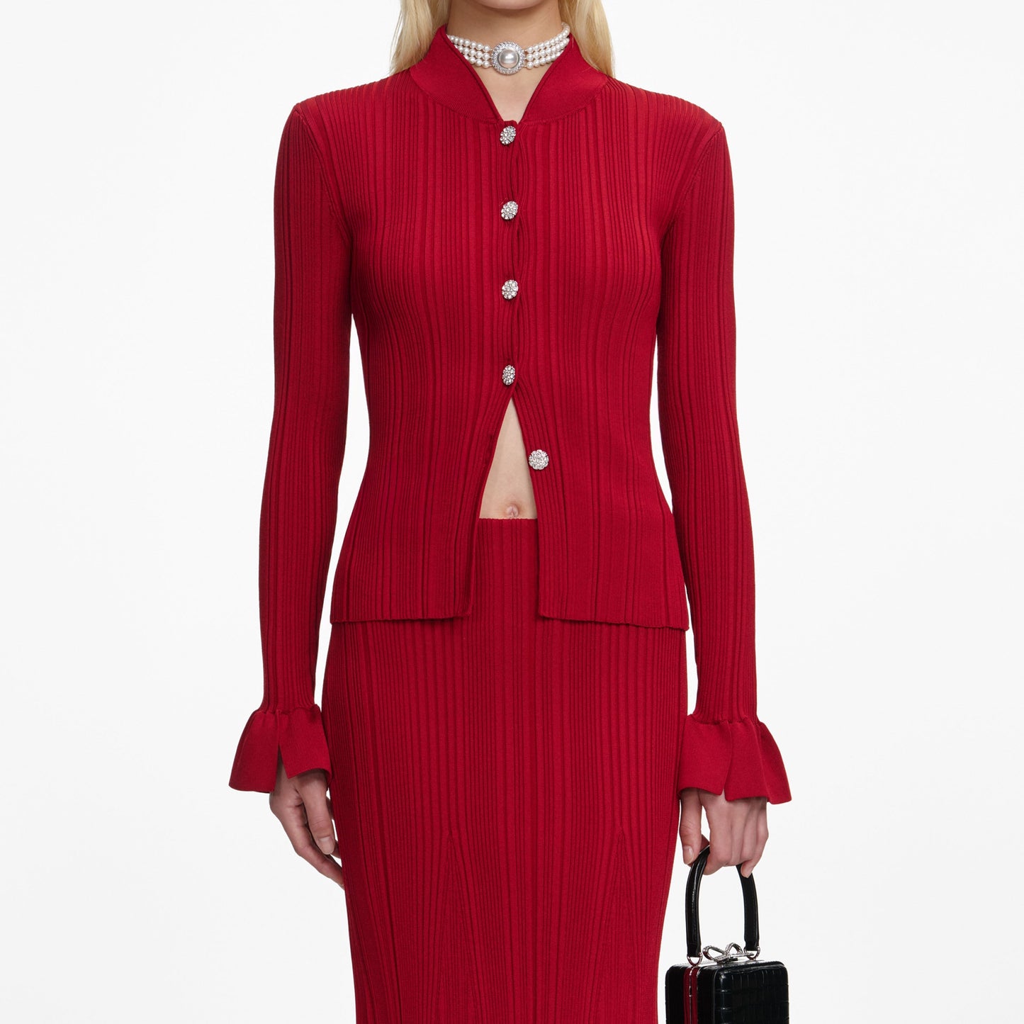 Kırmızı Viskon Örgü Midi Etek