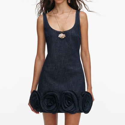 Indigo Denim 3D Çiçekli Mini Elbise