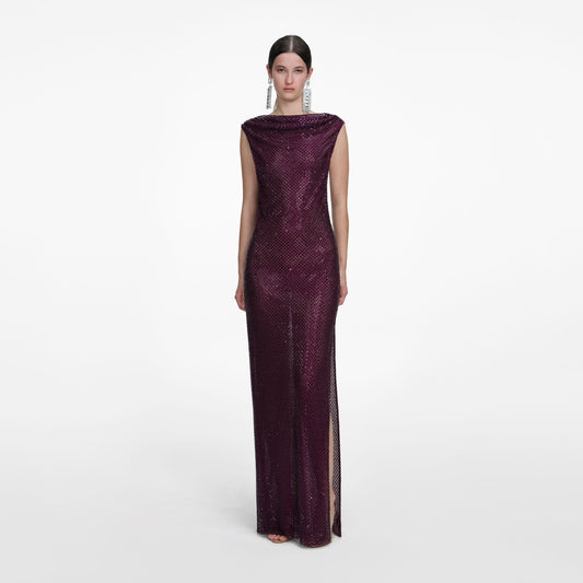 Bordo Taşlı Drapeli Uzun Elbise