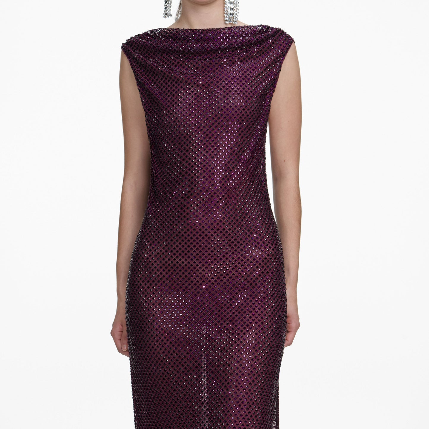 Bordo Taşlı Drapeli Uzun Elbise