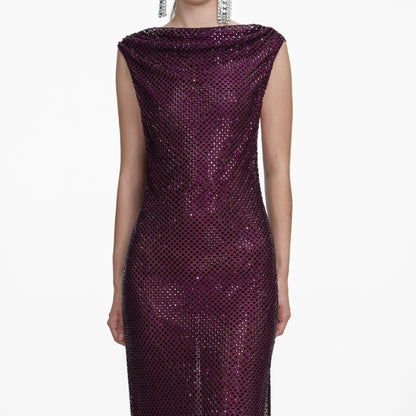 Bordo Taşlı Drapeli Uzun Elbise