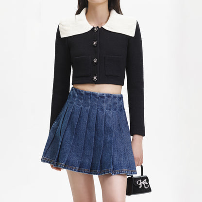 Kontrast Yaka Siyah Örgü Hırka