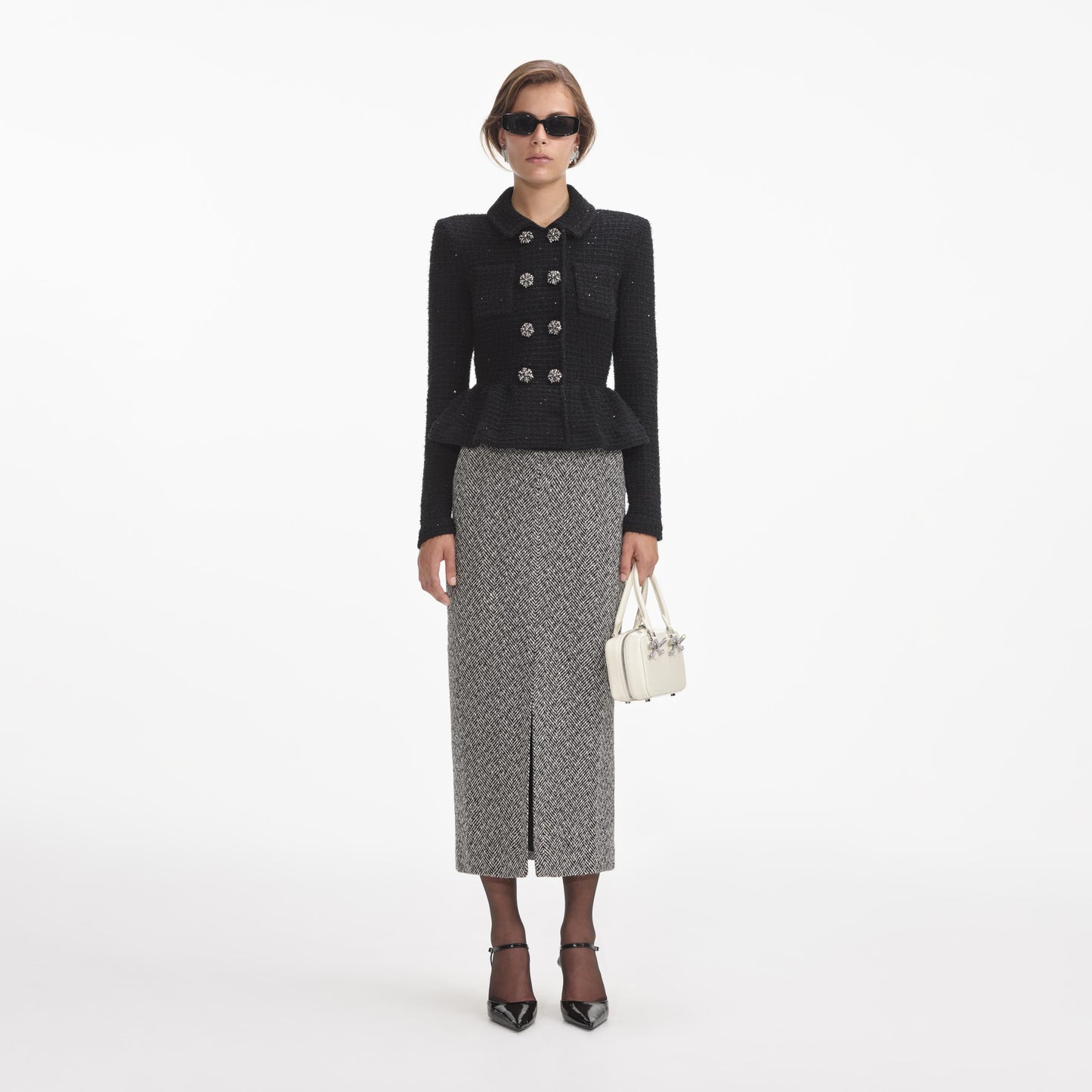 Siyah Dokulu Örme Peplum Ceket