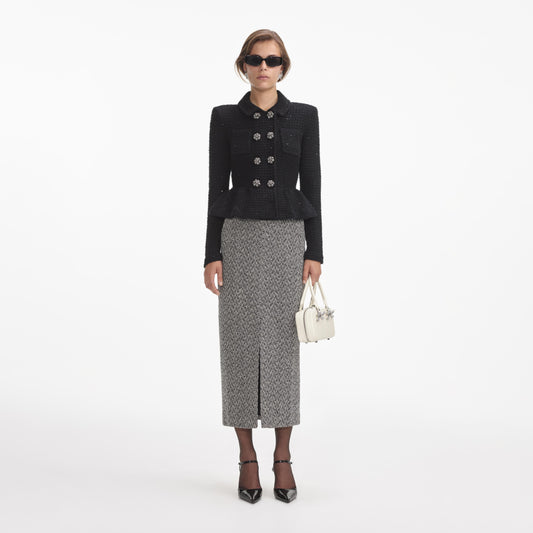 Siyah Dokulu Örme Peplum Ceket