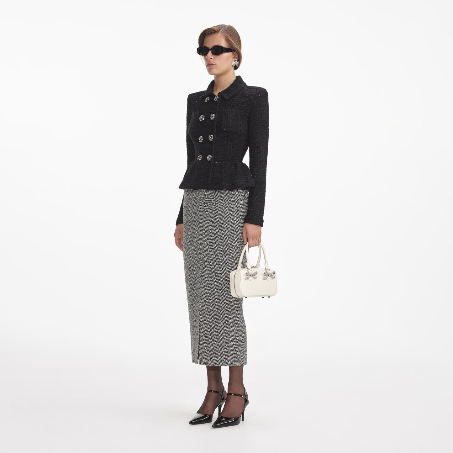 Siyah Dokulu Örme Peplum Ceket