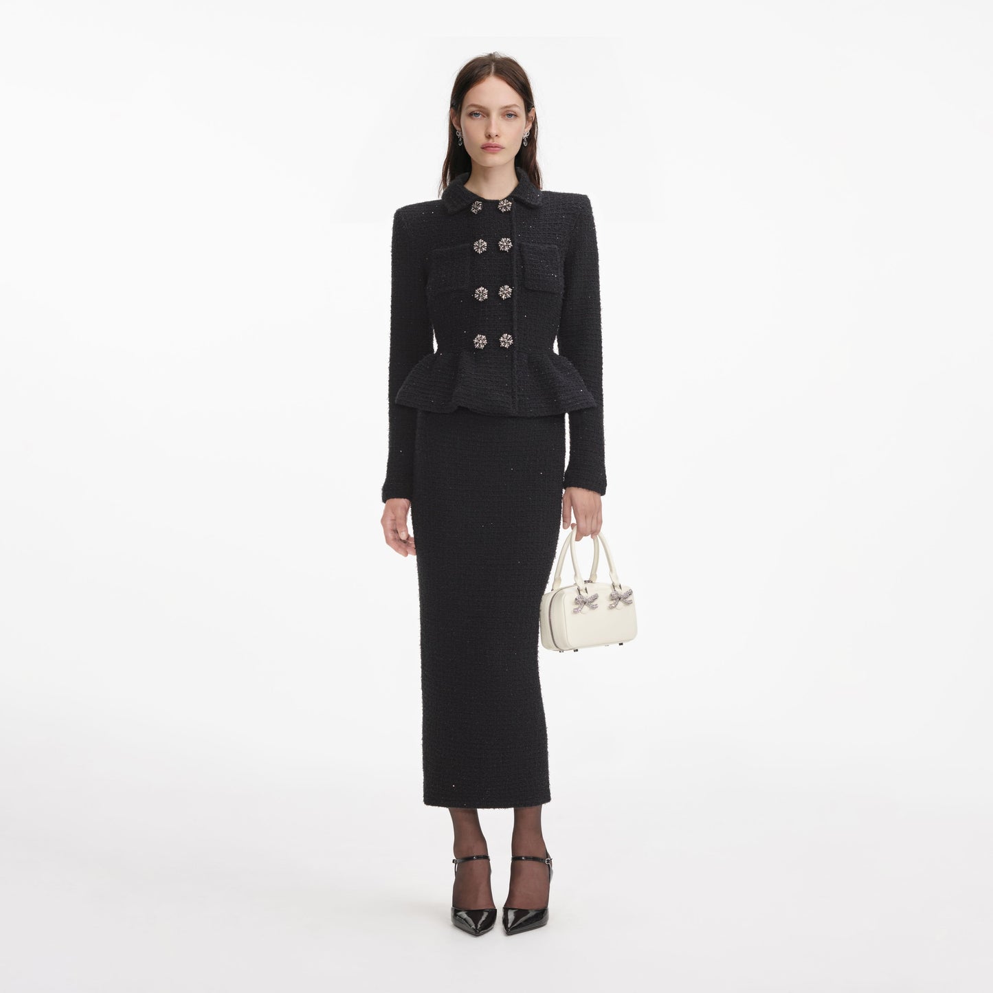 Siyah Dokulu Örme Peplum Midi Elbise