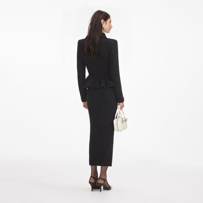 Siyah Dokulu Örme Peplum Midi Elbise