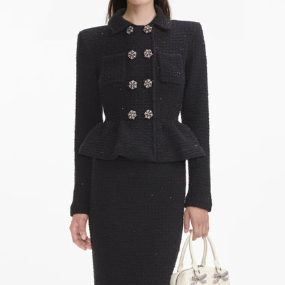 Siyah Dokulu Örme Peplum Midi Elbise