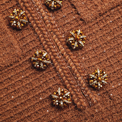 Kahverengi Dokulu Örme Midi Elbise