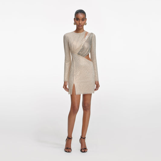 Şampanya Taşlı Dantel Süslemeli Mini Elbise