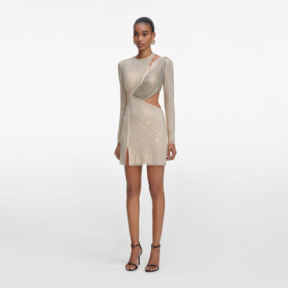 Şampanya Taşlı Dantel Süslemeli Mini Elbise