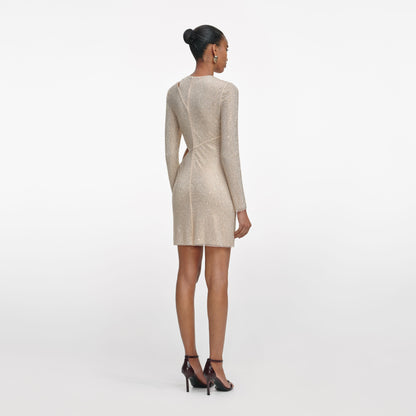 Şampanya Taşlı Dantel Süslemeli Mini Elbise