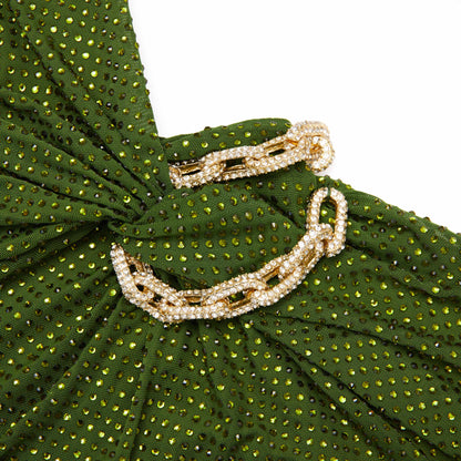 Zeytin Yeşili Taşlı Uzun Elbise