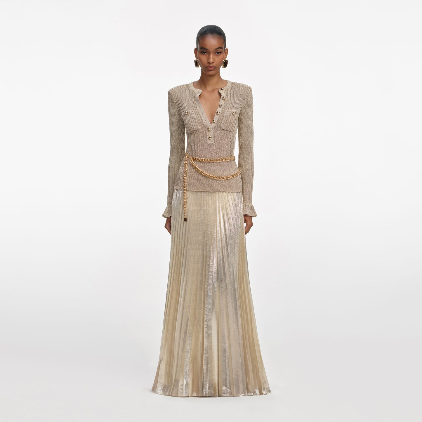 Altın Simli Kaburga Örgü Uzun Elbise