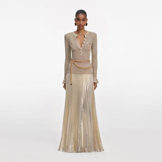 Altın Simli Kaburga Örgü Uzun Elbise