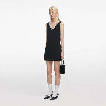 Siyah Krep Kristal Süslemeli Mini Elbise