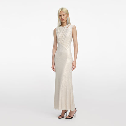 Şampanya Taşlı Kesim Midi Elbise