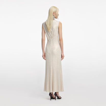 Şampanya Taşlı Kesim Midi Elbise