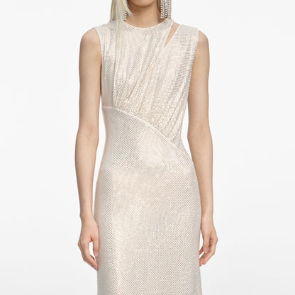 Şampanya Taşlı Kesim Midi Elbise
