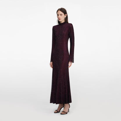 Bordo Taşlı Fileli Midi Elbise