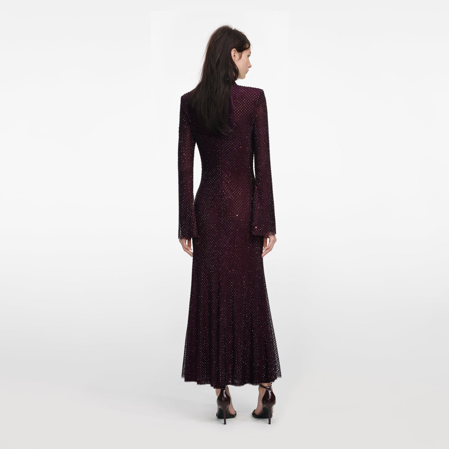 Bordo Taşlı Fileli Midi Elbise
