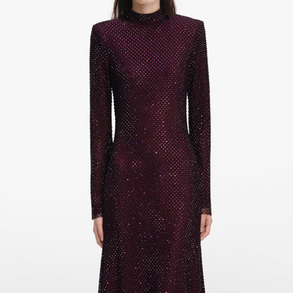 Bordo Taşlı Fileli Midi Elbise