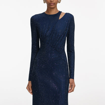 Lacivert Elmaslı File Kesimli Uzun Elbise