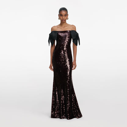 Kahverengi Payetli Fiyonklu Uzun Elbise