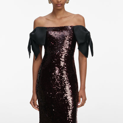 Kahverengi Payetli Fiyonklu Uzun Elbise