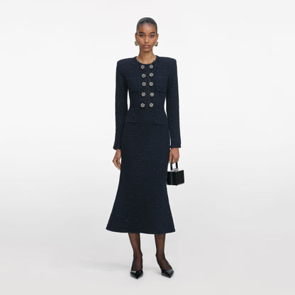 Lacivert Dokulu Örgü Midi Elbise