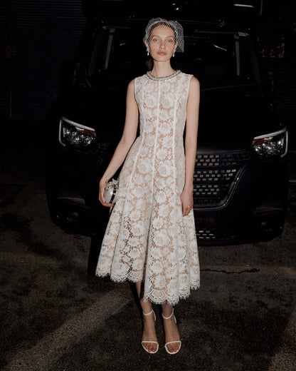 Beyaz İnce Dantel İnci Midi Elbise