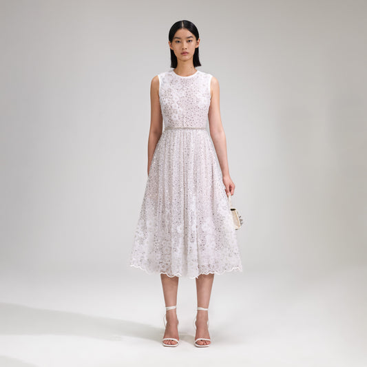 Beyaz Boncuklu Pullu Midi Elbise