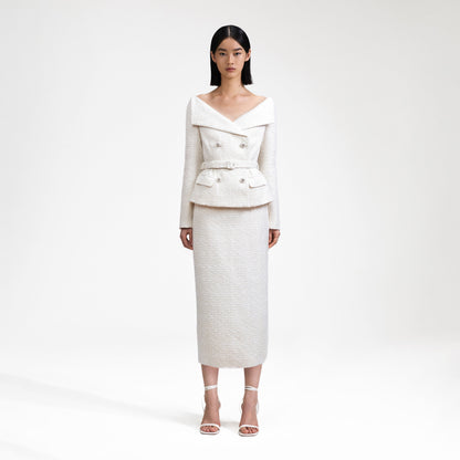 Krem Omuz Açık Bukle Midi Elbise