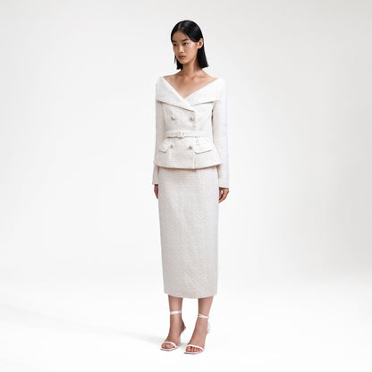 Krem Omuz Açık Bukle Midi Elbise