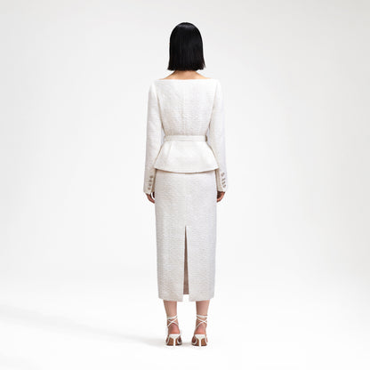 Krem Omuz Açık Bukle Midi Elbise