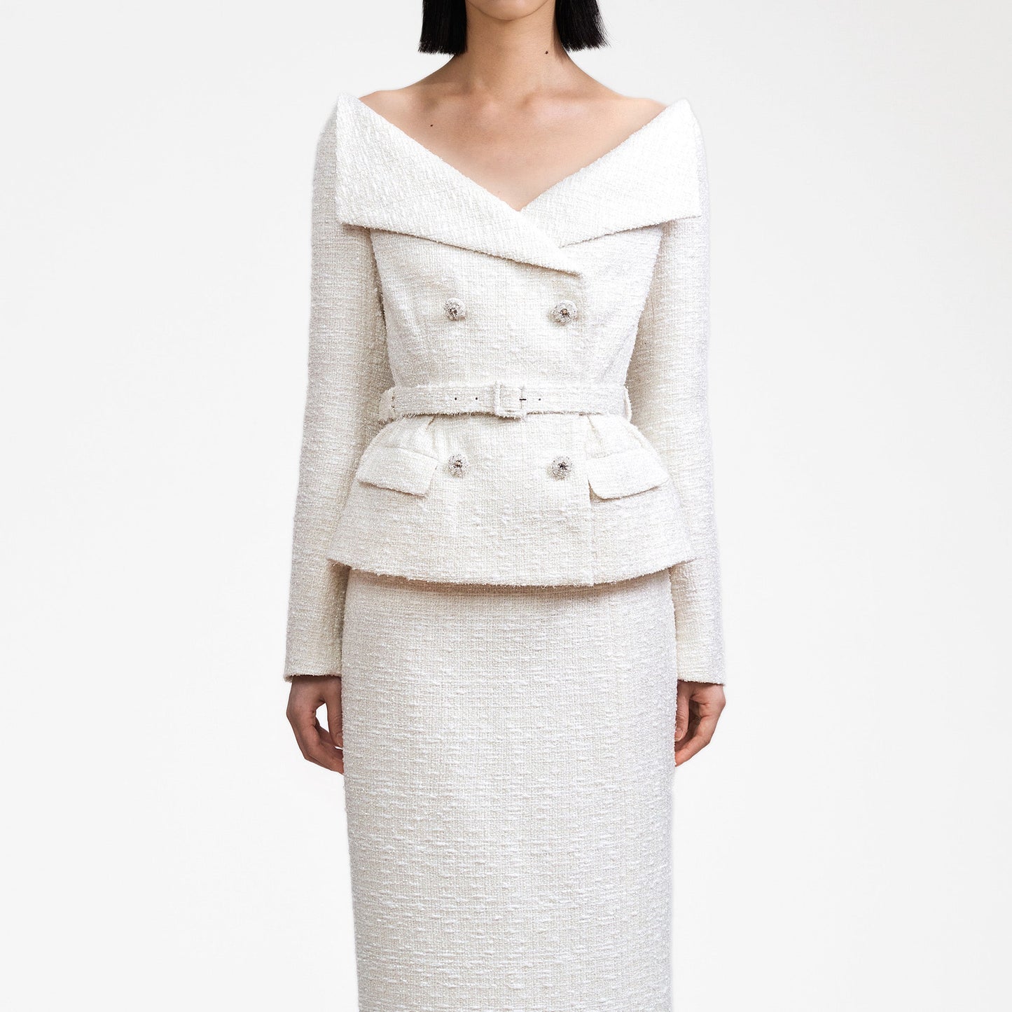 Krem Omuz Açık Bukle Midi Elbise