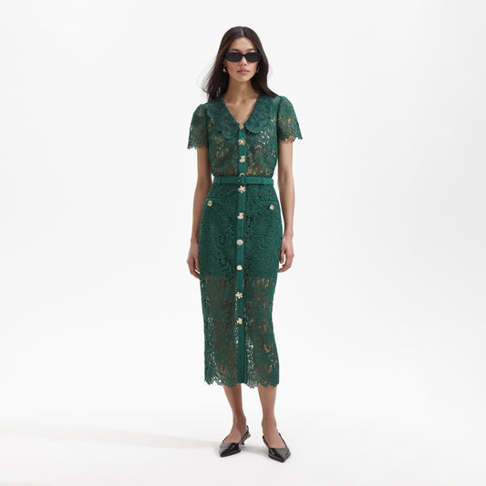 Yeşil Gipür Dantel Midi Etek